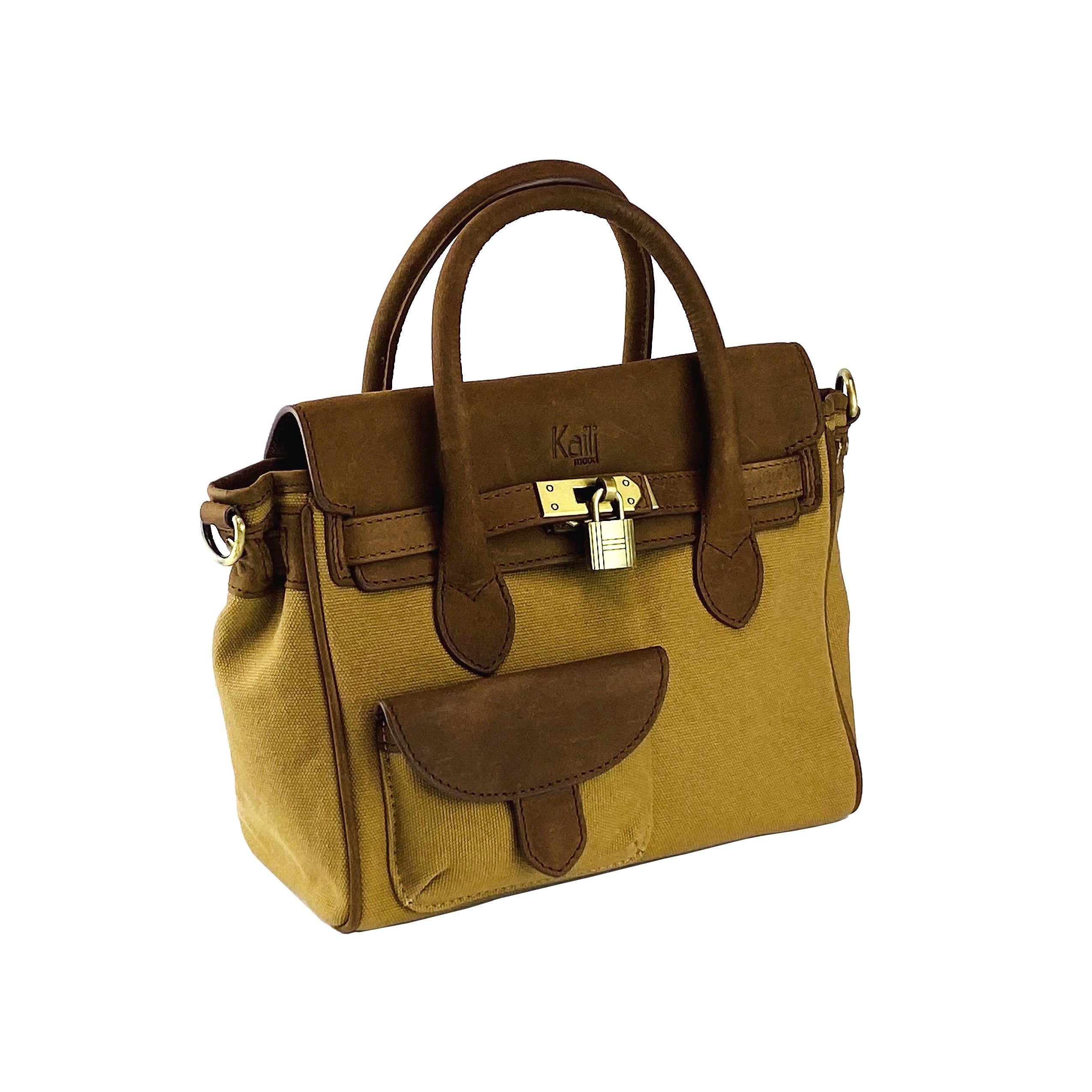 K0042BACB | Canvas/Vera Leather Mini Hand Bag Made in Italy. Removable shoulder strap. Antique Brass metal snap hook attachments - Hazelnut color - Dimensions: 24 x 20 x 12 cm.