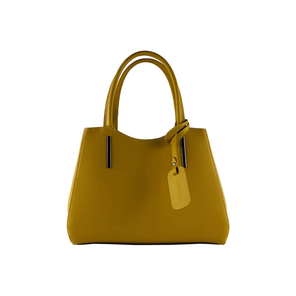 RB1004R | Genuine Leather Hand Bag Made in Italy with Removable Shoulder Strap and Gunmetal Metal Carabiner Attachments - Mustard Color - Size: 33 x 25 x 15 cm + Handles 13 cm
