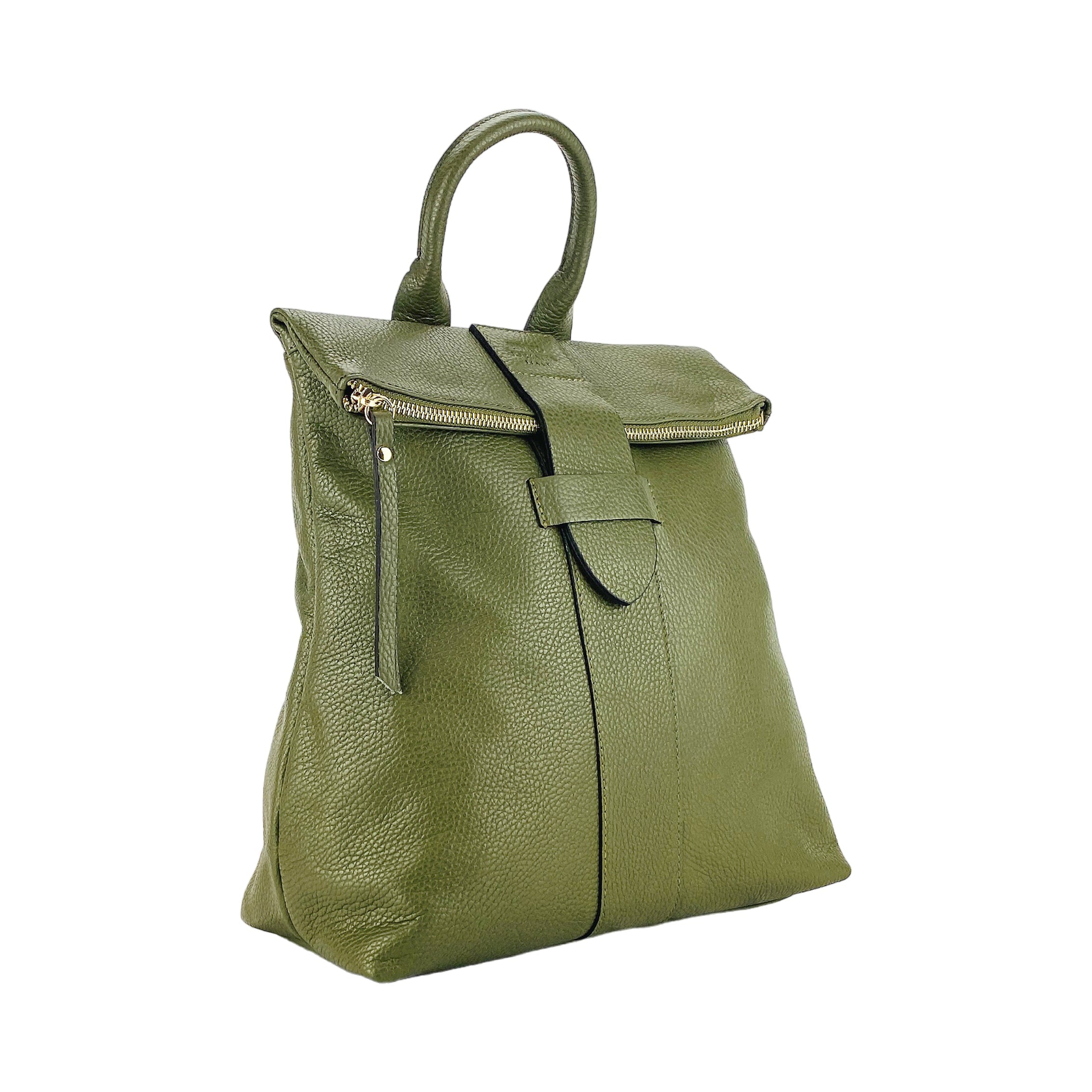 RB1021E | Women's Soft Backpack in Genuine Leather Made in Italy with Adjustable Shoulder Straps. Shiny Gold Metal Zipper and Accessories - Green Color - Size: 30 x 34 x 10.5 cm.