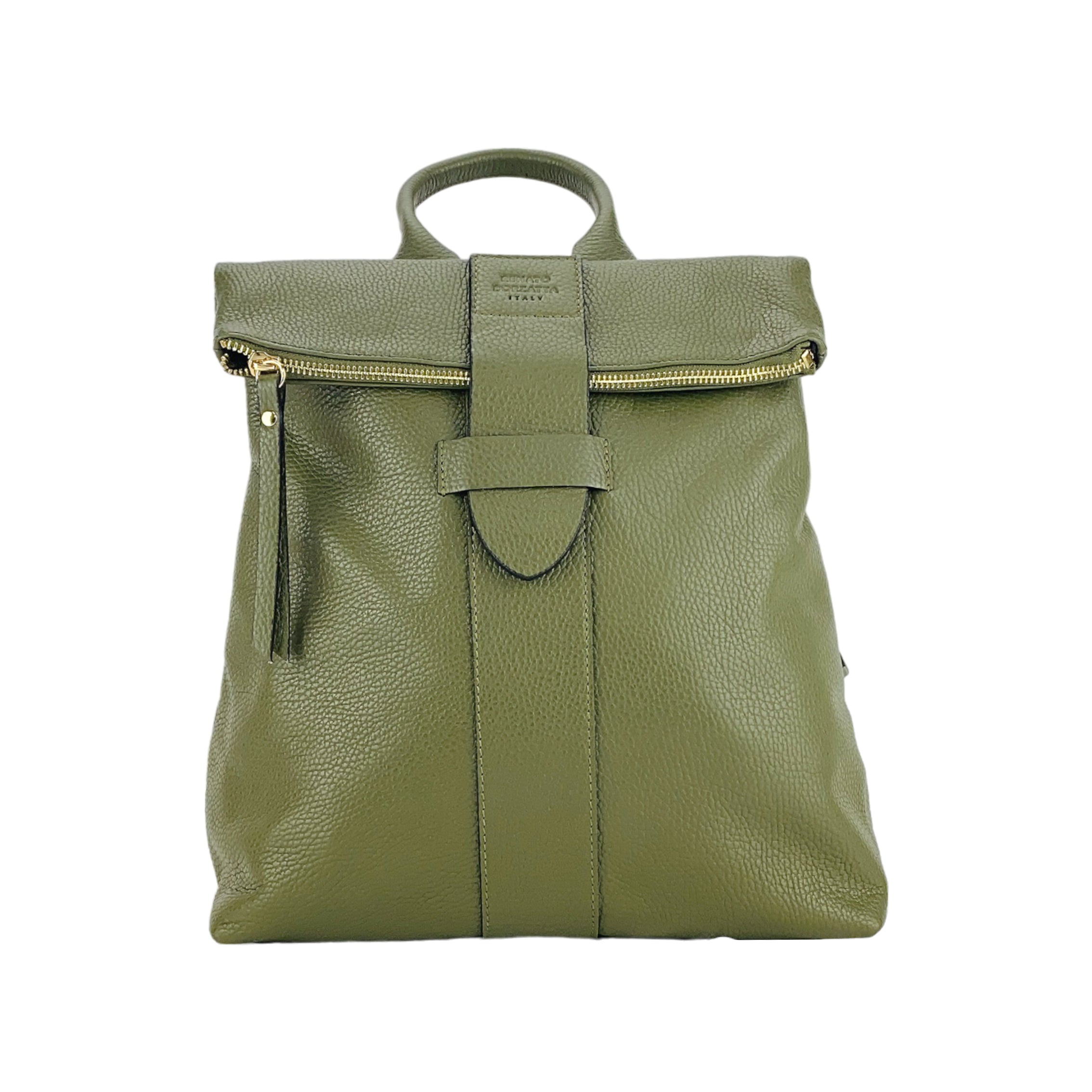 RB1021E | Women's Soft Backpack in Genuine Leather Made in Italy with Adjustable Shoulder Straps. Shiny Gold Metal Zipper and Accessories - Green Color - Size: 30 x 34 x 10.5 cm.