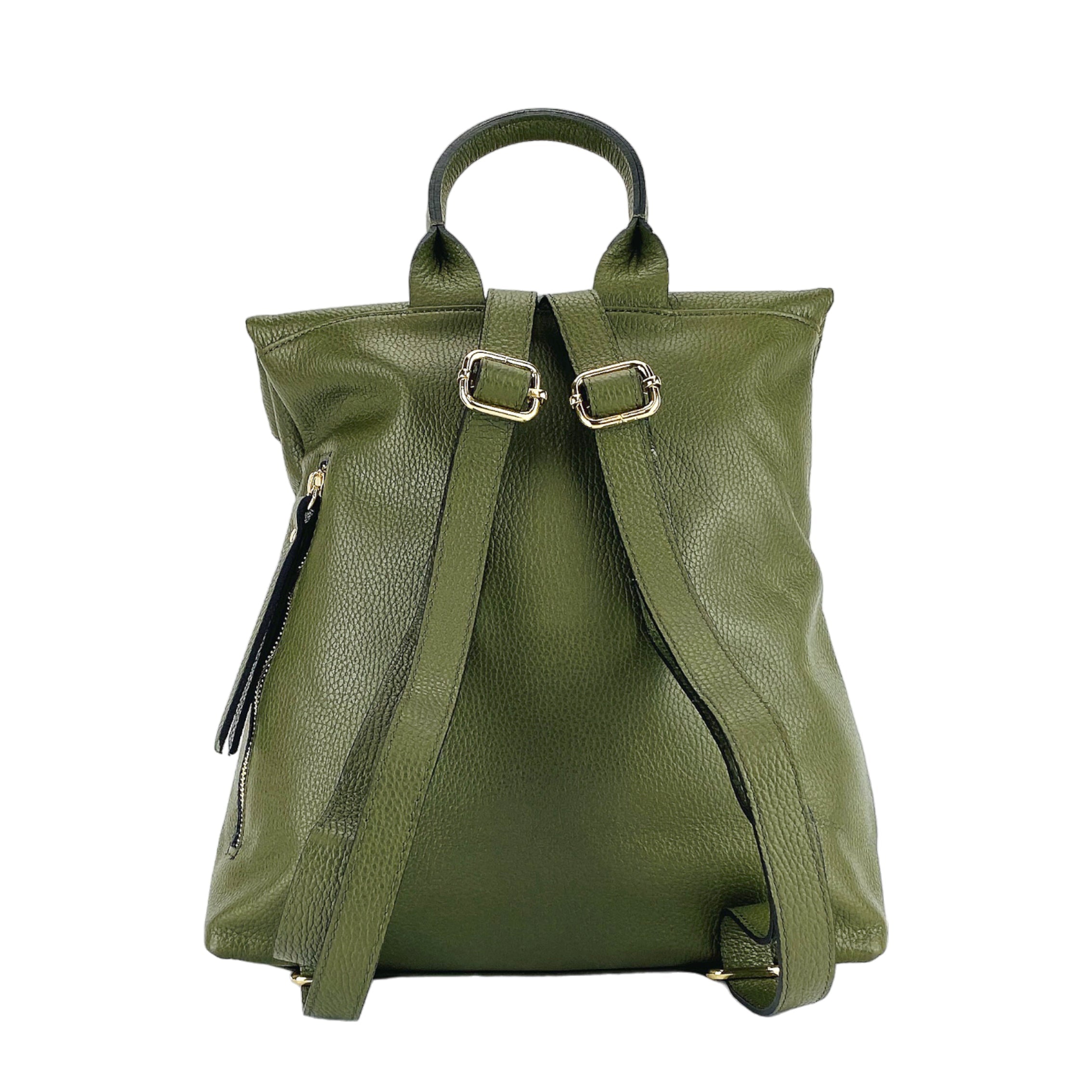 RB1021E | Women's Soft Backpack in Genuine Leather Made in Italy with Adjustable Shoulder Straps. Shiny Gold Metal Zipper and Accessories - Green Color - Size: 30 x 34 x 10.5 cm.