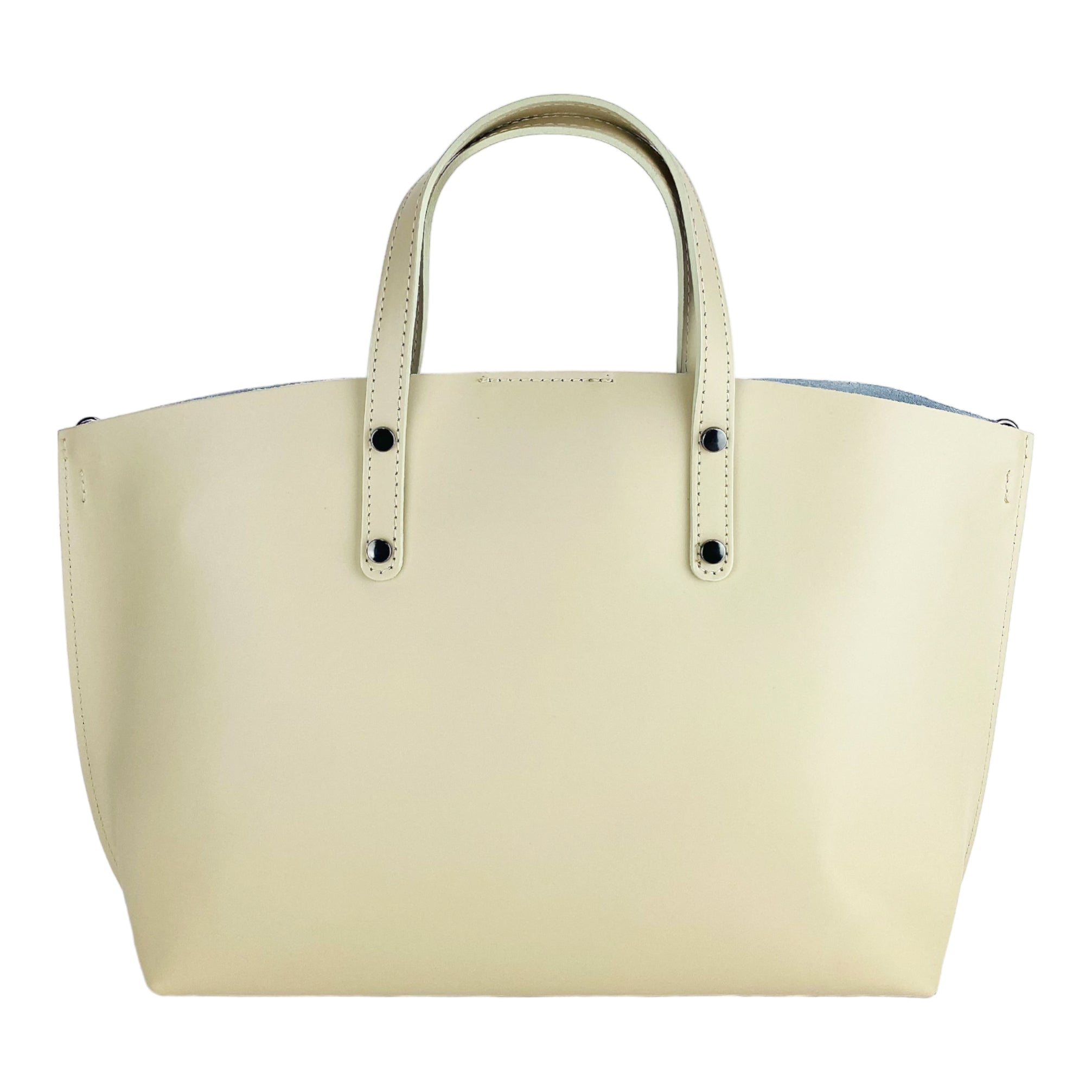 RB1024AL  | Borsa Donna a Mano in Vera Pelle Made in Italy con tracolla removibile. Sacca grande interna estraibile. Accessori Canna di Fucile Lucido - Colore Beige - Dimensioni: cm 48x31x11