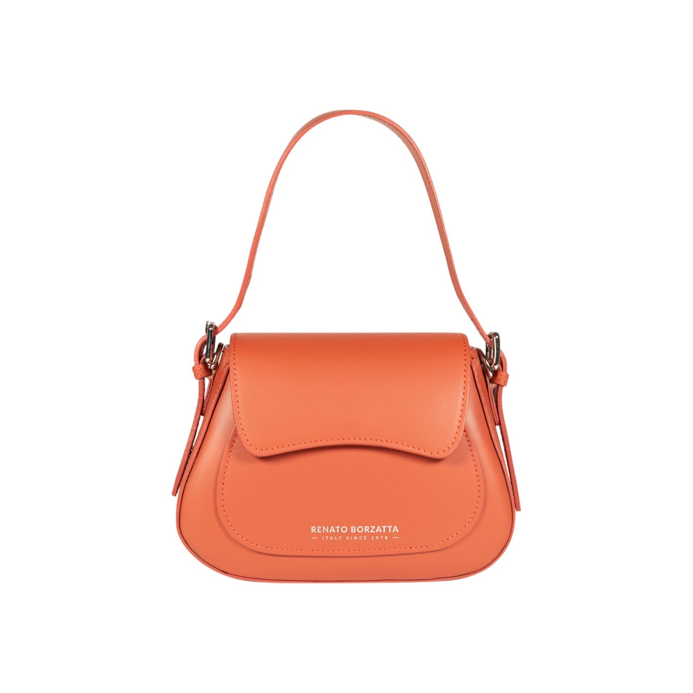 RB1030AM | EMMA Women's Shoulder Bag with flap in Genuine Leather Made in Italy. Polished Silver metal hardware - Paprika color - Dimensions: 24 x 18 x 9 cm + 14.5 (Handle light)