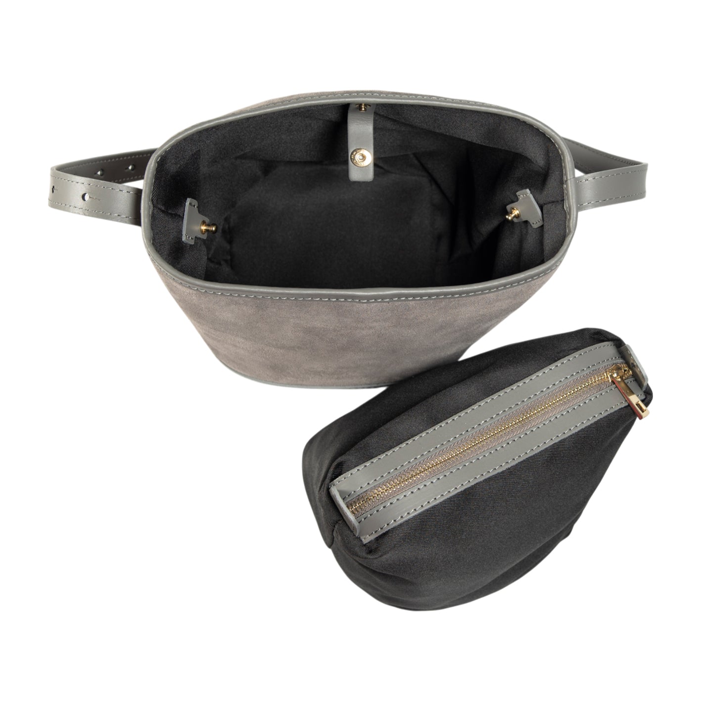 RB1031F | BRENDA Genuine Leather Women's Bucket Bag Made in Italy. Shiny Gold metal hardware - Grey color - Dimensions: 25 x 23.5 x 17 cm.