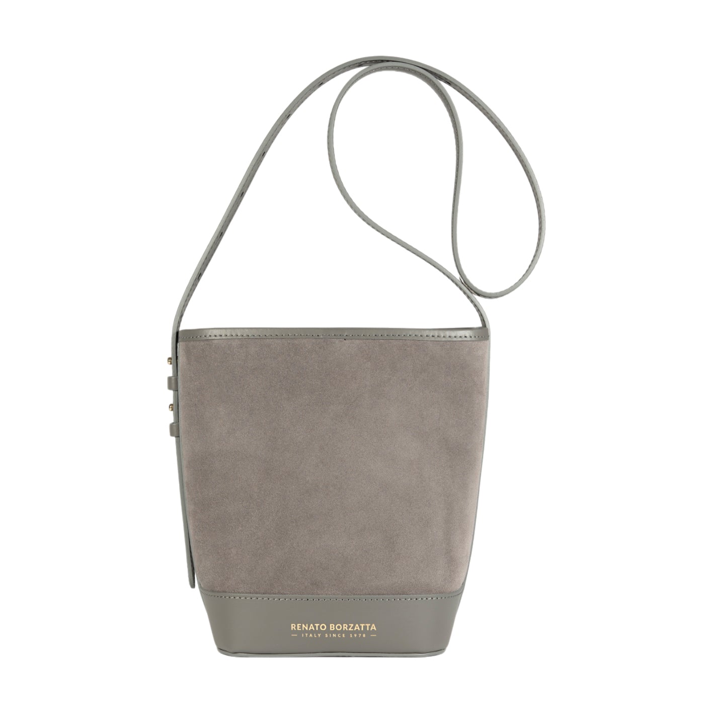 RB1031F | BRENDA Genuine Leather Women's Bucket Bag Made in Italy. Shiny Gold metal hardware - Grey color - Dimensions: 25 x 23.5 x 17 cm.